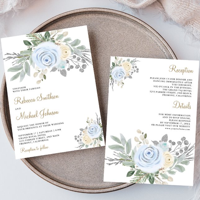 Dusty Blue Ivory Floral All in One Wedding Invitation (Creator Uploaded)