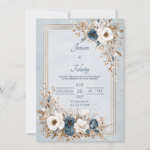 Dusty Blue & Ivory Floral Gold Frame Wedding  Invitation