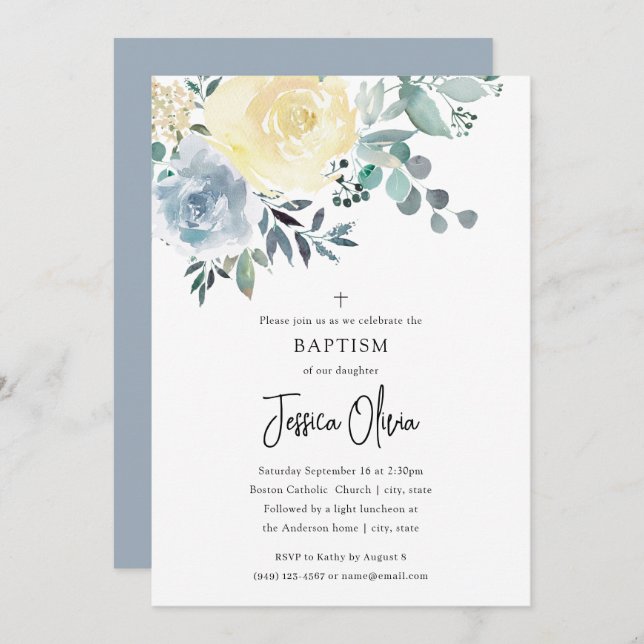 Dusty Blue Ivory Floral Greenery Baptism Invitation (Front/Back)