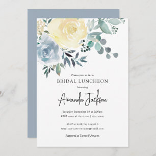 Dusty Blue Ivory Floral Greenery Bridal Luncheon Invitation
