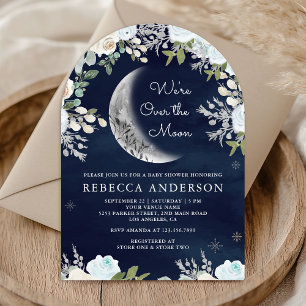 Dusty Blue Ivory Floral Moon Navy Arch Baby Shower Invitation