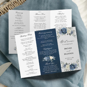 Dusty Blue Ivory Floral Tri-fold Wedding Program