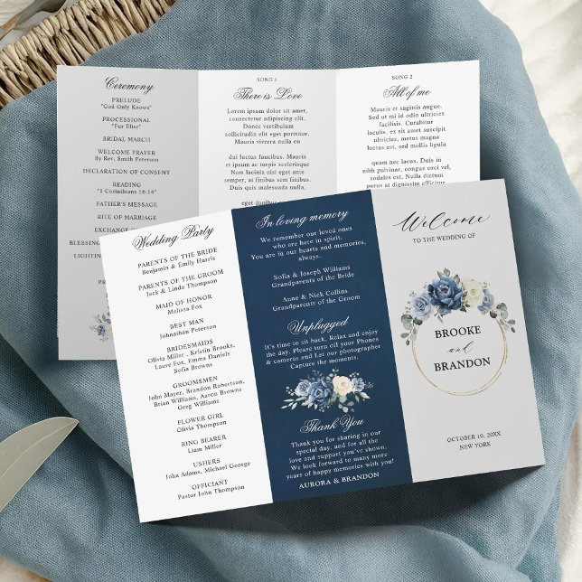 Dusty Blue Ivory Floral Tri-fold Wedding Program (Dusty Blue Ivory Floral Tri-fold Wedding Program)