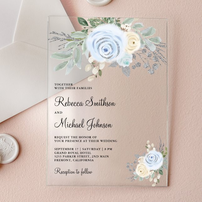 Dusty Blue Ivory Floral Wedding Acrylic Invitations (Creator Uploaded)