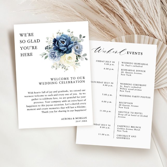 Dusty Blue Ivory Floral Weekend Events Program (Dusty Blue Ivory Floral Weekend Events Program card)