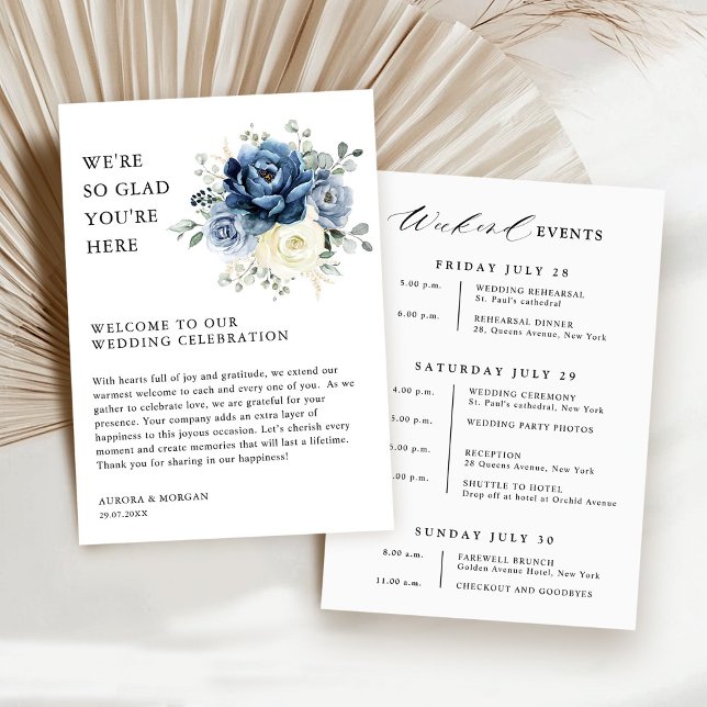 Dusty Blue Ivory Floral Weekend Events Program (Dusty Blue Ivory Floral Weekend Events Budget  Wedding Program card)