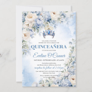 Dusty Blue & Ivory Flowers blue crown Quinceañera Invitation