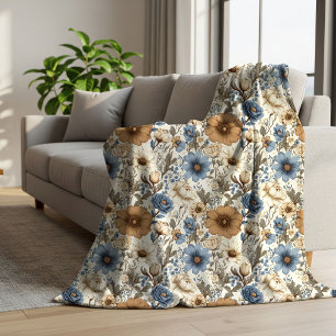 Dusty Blue Ivory Flowers Opulent Boho Wedding Gift Sherpa Blanket