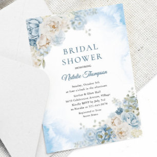 Dusty Blue Ivory Rose Flowers Bridal Shower Invitation