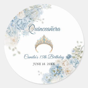 Dusty Blue Ivory Rose Flowers Quinceanera Birthday Classic Round Sticker