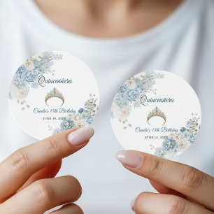 Dusty Blue Ivory Rose Flowers Quinceanera Birthday Classic Round Sticker