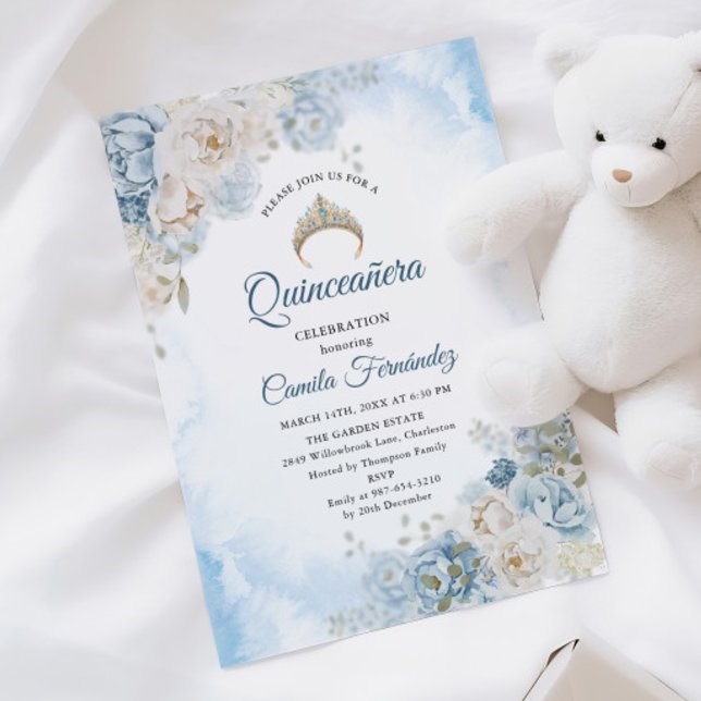 Dusty Blue Ivory Rose Flowers Quinceanera Birthday Invitation (Creator Uploaded)