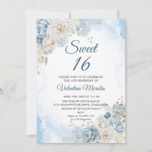 Dusty Blue Ivory Rose Flowers Sweet Sixteen 16 Invitation