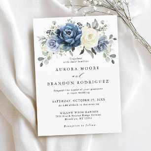Dusty Blue Ivory Spring Floral Elegant Wedding Invitation