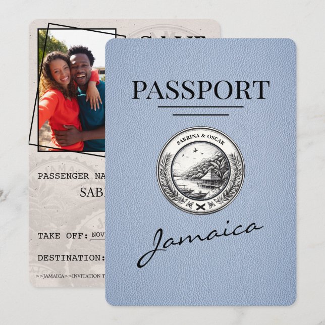 Dusty Blue Jamaica Passport Save The Date (Front/Back)