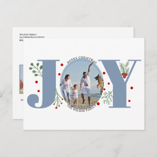 Dusty blue Joy, berries Christmas holiday photo Postcard