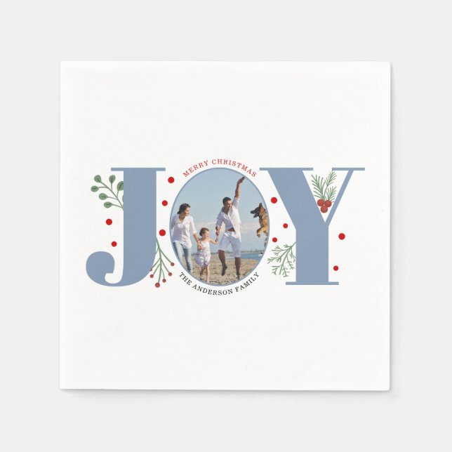Dusty blue Joy, berries Christmas photo Holiday Napkin (Front)