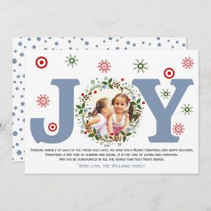 Dusty blue Joy, Christmas floral wreath photo Holiday Card