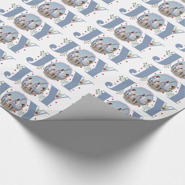 Dusty blue JOY Merry Christmas holiday photo Wrapping Paper (Corner)