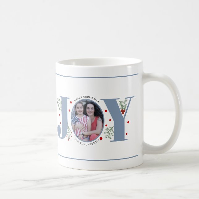 Dusty blue Joy with berries Christmas photo Coffee Mug (Right)