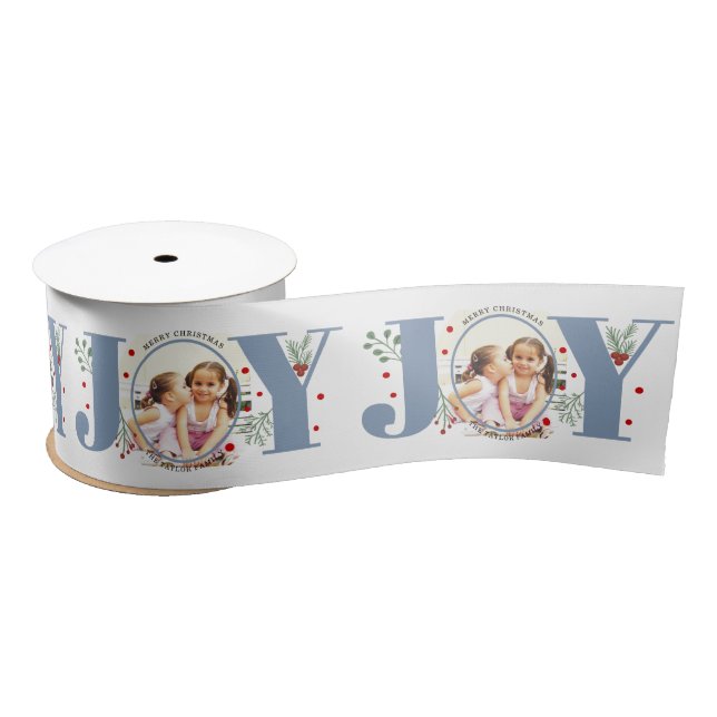 Dusty blue Joy with berries Christmas photo Satin Ribbon (Spool)