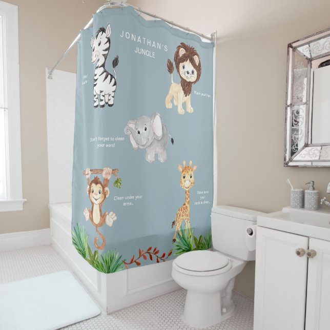 Dusty Blue Kid's Jungle Animals Funny Custom Name Shower Curtain (In Situ)
