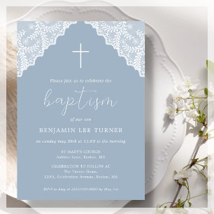 Dusty Blue Lace Baptism Invitation
