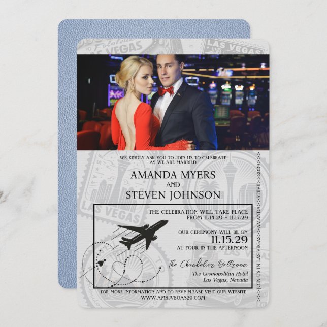 Dusty Blue Las Vegas Passport Wedding Invitation (Front/Back)