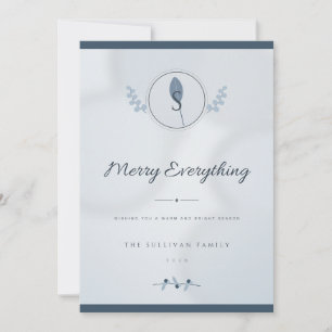 Dusty Blue Laurel Monogram 1 Photo Christmas Card