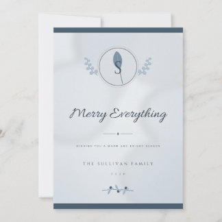 Dusty Blue Laurel Monogram 1 Photo Christmas Card