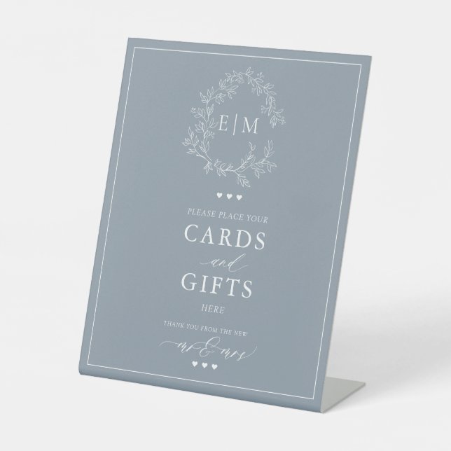 Dusty Blue Leafy Crest Monogram Card & Gifts  Pedestal Sign (Front)