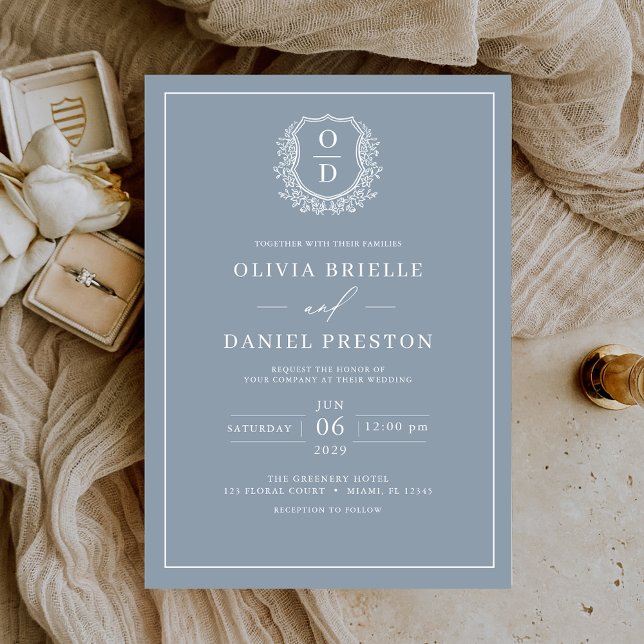 Dusty Blue Leafy Crest Monogram Elegant Wedding Invitation (Creator Uploaded)