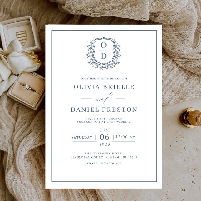 Dusty Blue Leafy Crest Monogram Elegant Wedding Invitation (Creator Uploaded)