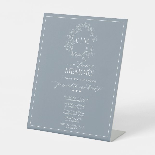 Dusty Blue Leafy Crest Monogram In Loving Memory Pedestal Sign (Front)