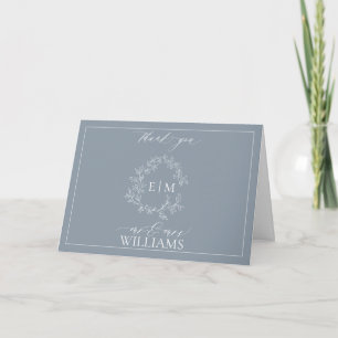 Dusty Blue Leafy Crest Monogram Photo Thank You Card