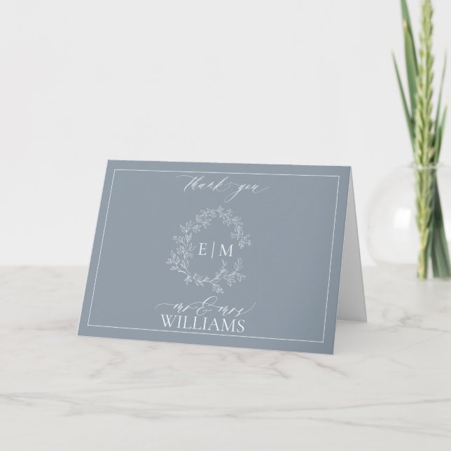 Dusty Blue Leafy Crest Monogram Photo Thank You Card (Front)