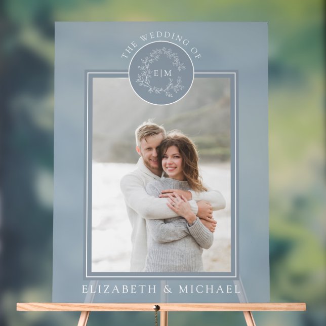 Dusty Blue Leafy Crest Monogram Photo Wedding Acrylic Sign (Neutral)