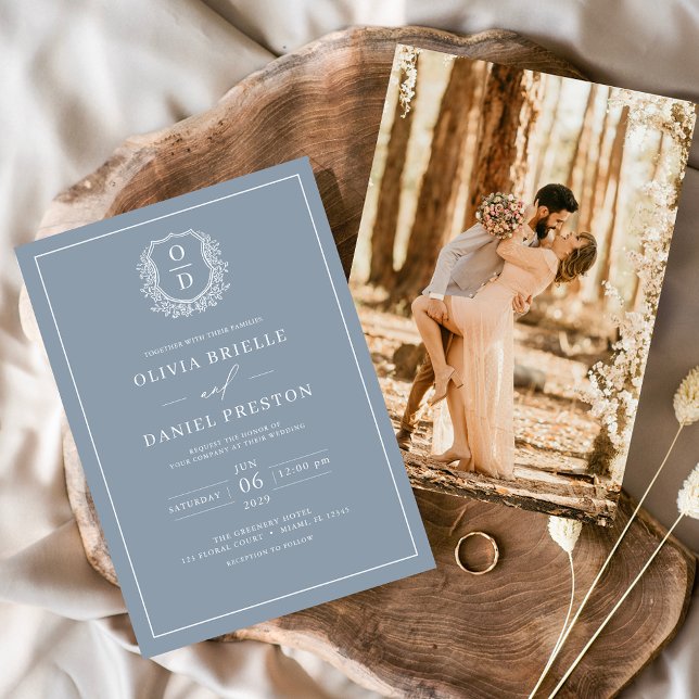 Dusty Blue Leafy Crest Monogram Photo Wedding Invitation (Creator Uploaded)