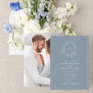 Dusty Blue Leafy Crest Monogram Photo Wedding Invitation