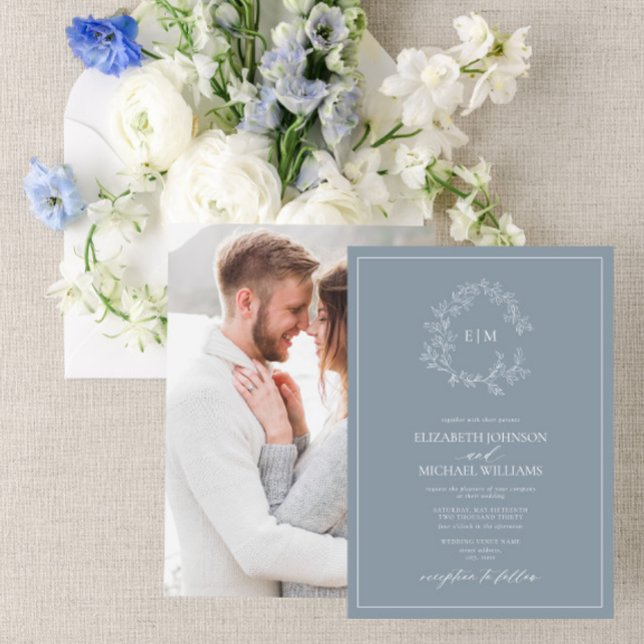 Dusty Blue Leafy Crest Monogram Photo Wedding Invitation (Creator Uploaded)