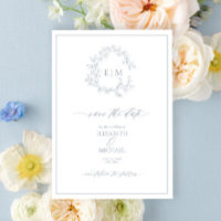 Dusty Blue Leafy Crest Monogram Save the Date