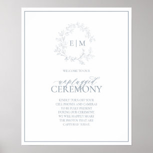 Dusty Blue Leafy Crest Monogram Unplugged Wedding Poster