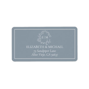 Dusty Blue Leafy Crest Monogram Wedding Address Label