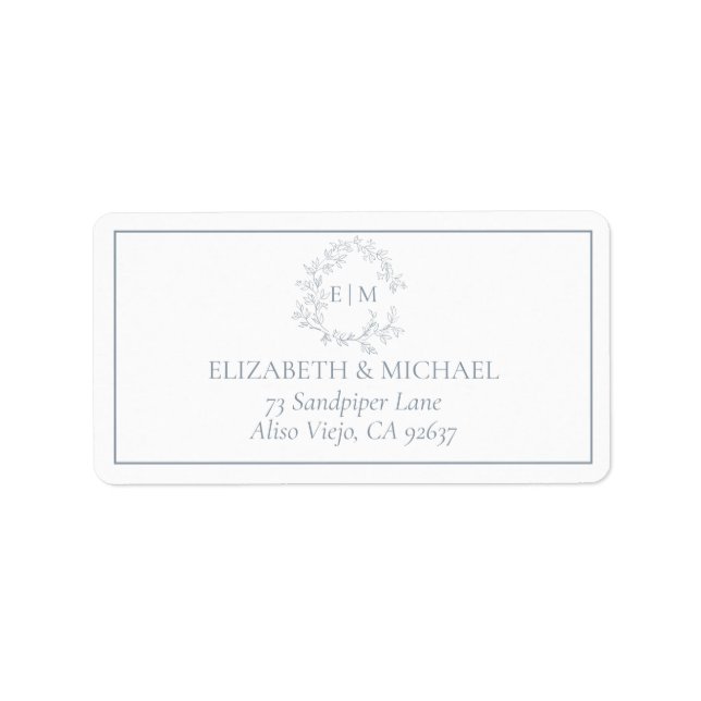Dusty Blue Leafy Crest Monogram Wedding Address Label (Front)