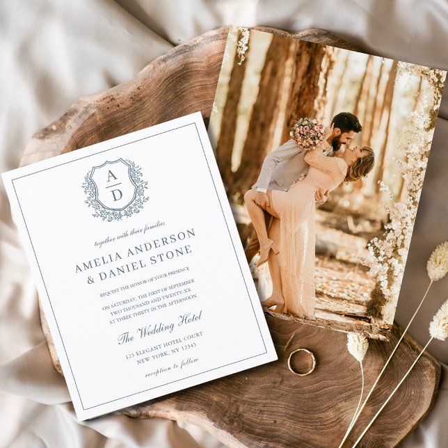 Dusty Blue Leafy Crest Monogram Wedding Elegant Flyer (Creator Uploaded)