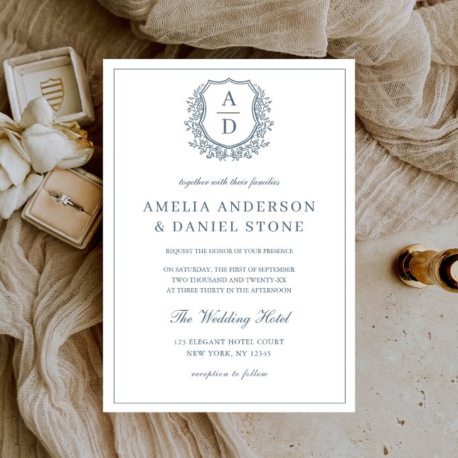 Dusty Blue Leafy Crest Monogram Wedding Elegant Invitation (Creator Uploaded)