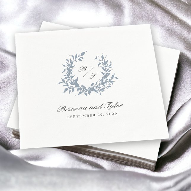 Dusty Blue Leafy Crest Monogram Wedding Logo Napkin (Napkins available in 3 sizes: Cocktail, luncheon, and dinner size)
