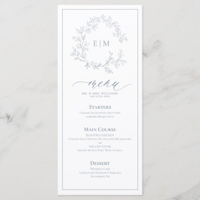 Dusty Blue Leafy Crest Monogram Wedding Menu (Front)