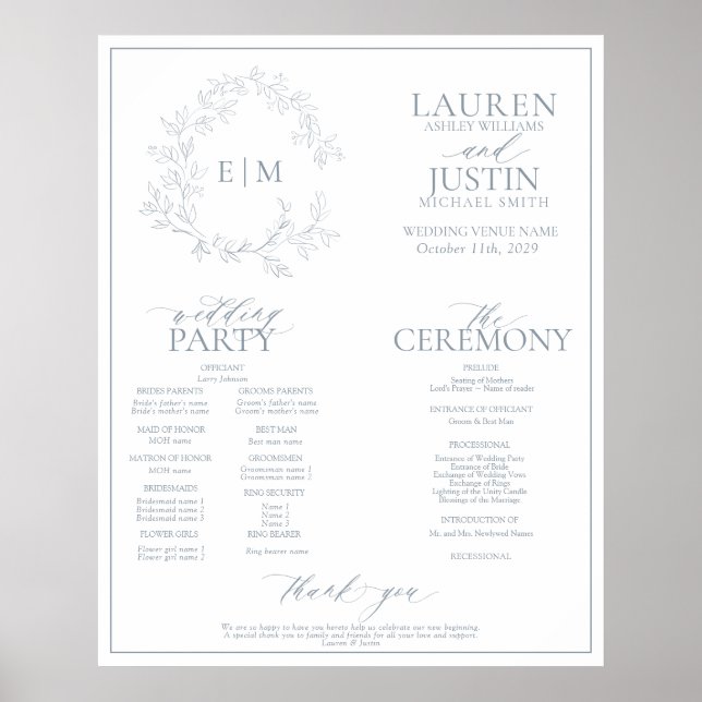 Dusty Blue Leafy Crest Monogram Wedding Program Poster (Front)