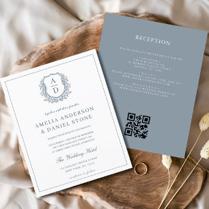Dusty Blue Leafy Crest Monogram Wedding QR Code